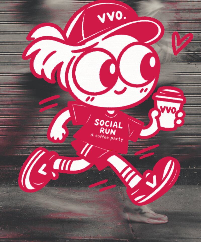 La mascota de VVO. corriendo con un café en la mano y la camiseta de Social Run & coffee party